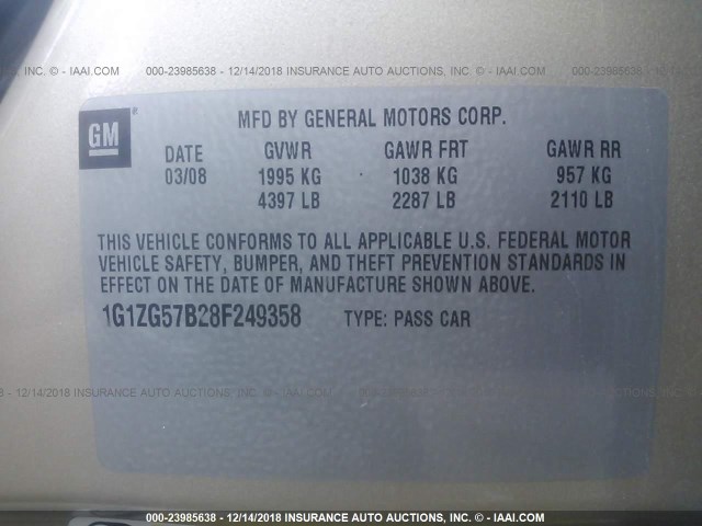 1G1ZG57B28F249358 - 2008 CHEVROLET MALIBU LS GOLD photo 9