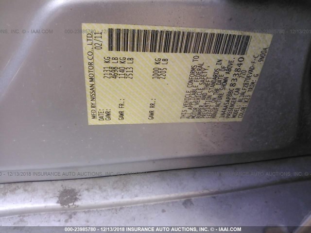 1N4AA5AP8BC833840 - 2011 NISSAN MAXIMA S/SV SILVER photo 9