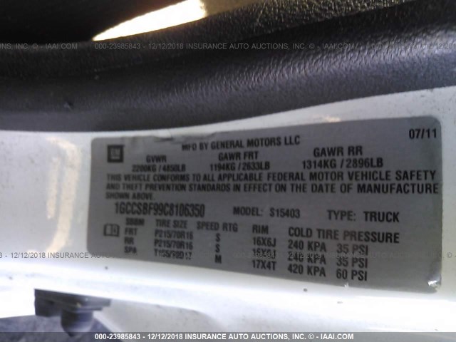 1GCCSBF99C8106350 - 2012 CHEVROLET COLORADO WHITE photo 9