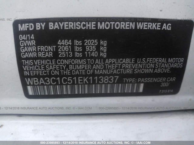 WBA3C1C51EK113837 - 2014 BMW 328 I SULEV WHITE photo 9