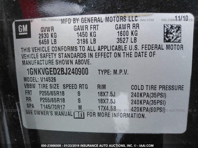 1GNKVGED2BJ240900 - 2011 CHEVROLET TRAVERSE LT BLACK photo 9