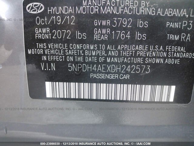 5NPDH4AEXDH242573 - 2013 HYUNDAI ELANTRA GLS/LIMITED GRAY photo 9