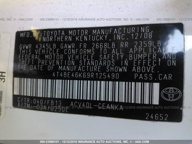 4T4BE46K69R125490 - 2009 TOYOTA CAMRY SE/LE/XLE WHITE photo 9