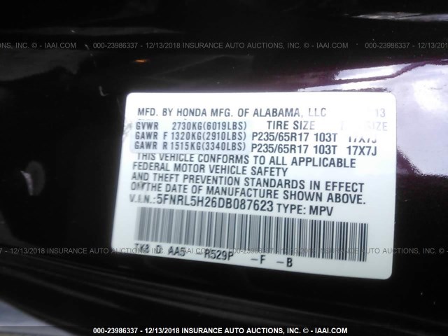 5FNRL5H26DB087623 - 2013 HONDA ODYSSEY LX MAROON photo 9