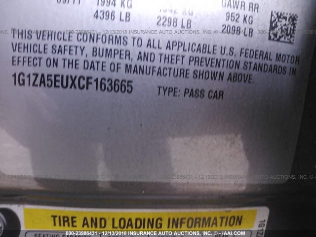 1G1ZA5EUXCF163665 - 2012 CHEVROLET MALIBU LS GRAY photo 9