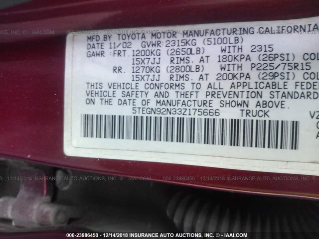 5TEGN92N33Z175666 - 2003 TOYOTA TACOMA DOUBLE CAB PRERUNNER RED photo 9