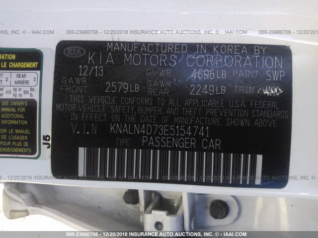 KNALN4D73E5154741 - 2014 KIA CADENZA PREMIUM/LIMITED WHITE photo 9