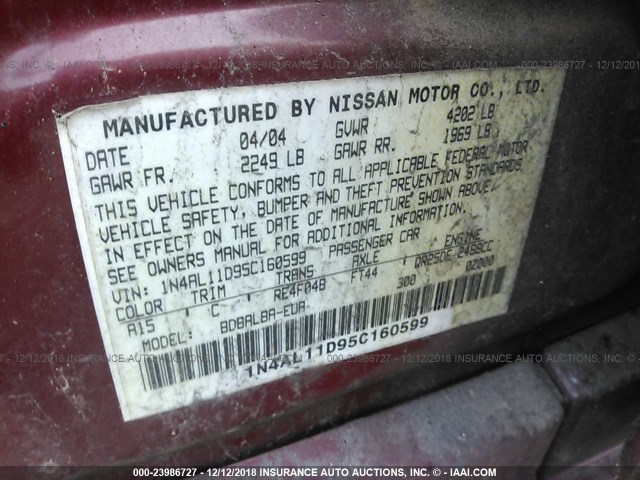 1N4AL11D95C160599 - 2005 NISSAN ALTIMA S/SL RED photo 9