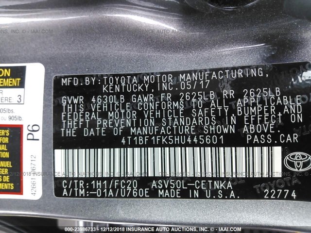 4T1BF1FK5HU445601 - 2017 TOYOTA CAMRY LE/XLE/SE/XSE GRAY photo 9