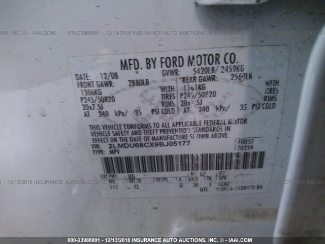 2LMDU68CX9BJ05177 - 2009 LINCOLN MKX WHITE photo 9