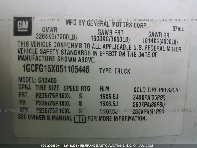 1GCFG15X051105446 - 2005 CHEVROLET EXPRESS G1500  WHITE photo 9