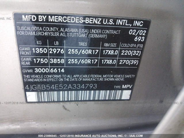 4JGAB54E52A334793 - 2002 MERCEDES-BENZ ML 320 GOLD photo 9