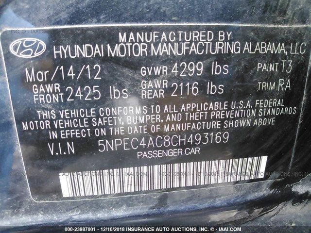 5NPEC4AC8CH493169 - 2012 HYUNDAI SONATA SE/LIMITED Dark Blue photo 9