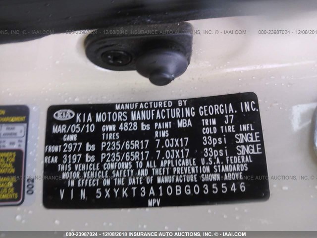 5XYKT3A10BG035546 - 2011 KIA SORENTO LX BEIGE photo 9