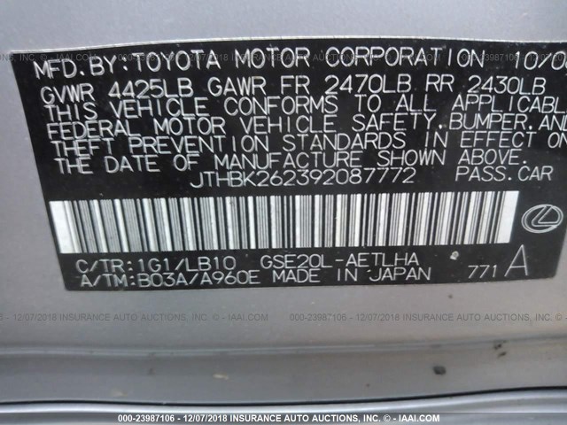 JTHBK262392087772 - 2009 LEXUS IS 250 SILVER photo 9