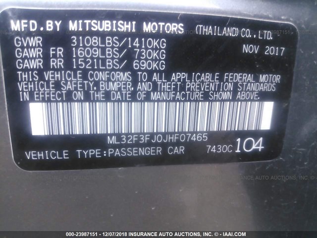 ML32F3FJ0JHF07465 - 2018 MITSUBISHI MIRAGE G4 ES Серый фото 9