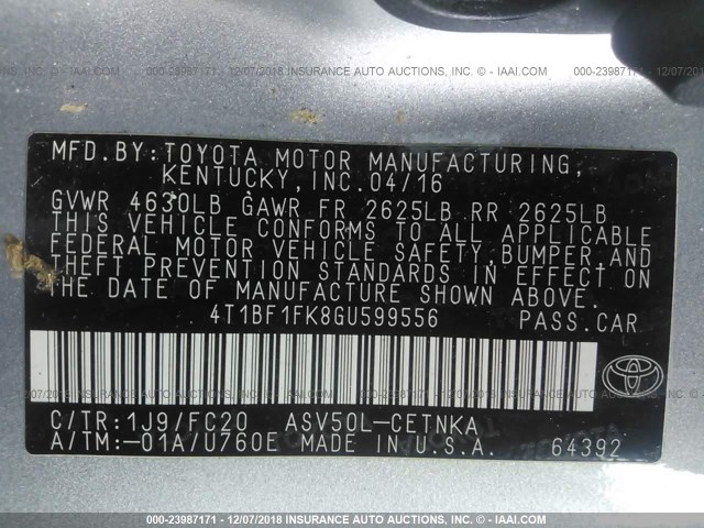 4T1BF1FK8GU599556 - 2016 TOYOTA CAMRY LE/XLE/SE/XSE SILVER photo 9