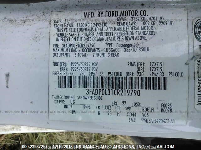 3FADP0L31CR219790 - 2012 FORD FUSION HYBRID WHITE photo 9