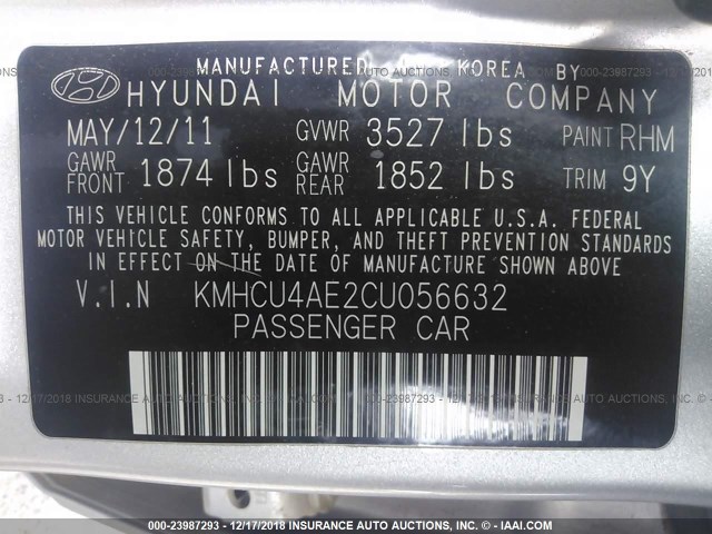 KMHCU4AE2CU056632 - 2012 HYUNDAI ACCENT GLS/GS/SE SILVER photo 9