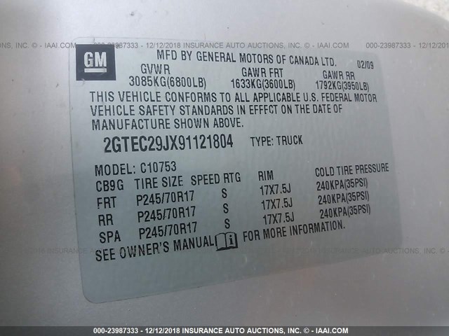 2GTEC29JX91121804 - 2009 GMC SIERRA C1500 SLE SILVER photo 9