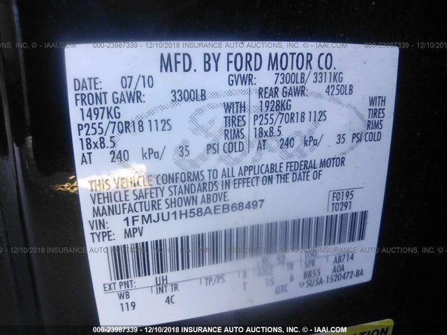 1FMJU1H58AEB68497 - 2010 FORD EXPEDITION EDDIE BAUER BLACK photo 9