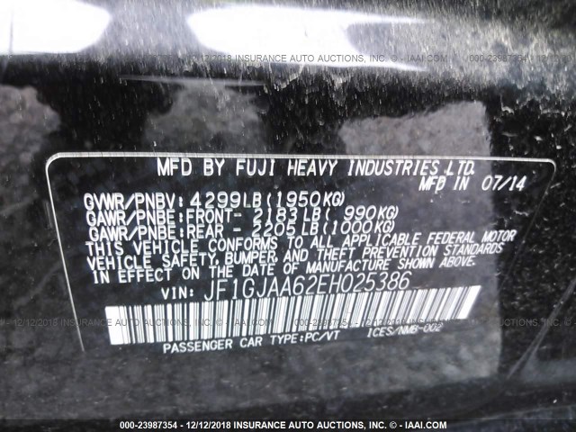 JF1GJAA62EH025386 - 2014 SUBARU IMPREZA BLACK photo 9