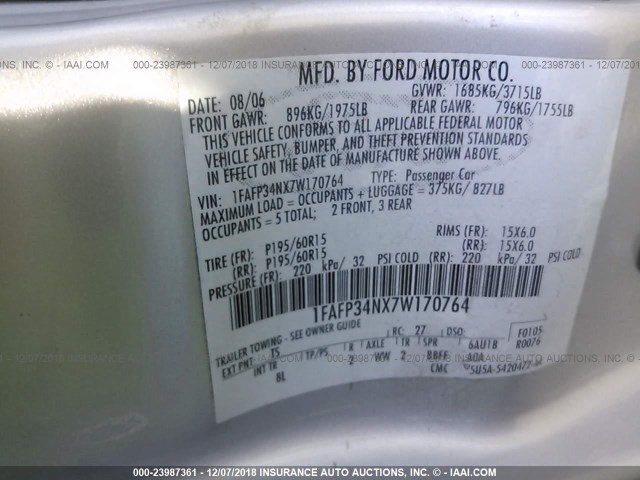 1FAFP34NX7W170764 - 2007 FORD FOCUS ZX4/S/SE/SES ვერცხლისფერი ფოტო 9