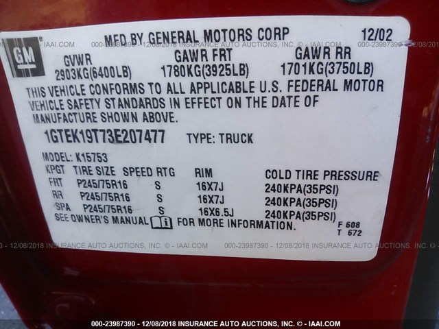 1GTEK19T73E207477 - 2003 GMC NEW SIERRA K1500 RED photo 9