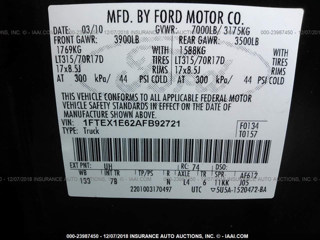 1FTEX1E62AFB92721 - 2010 FORD F150 SUPER CAB BLACK photo 9