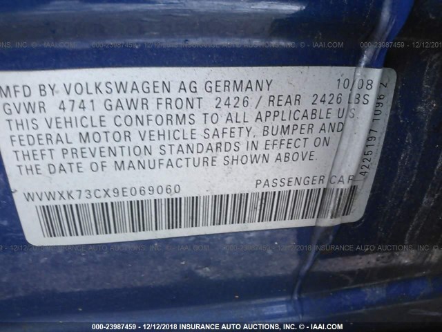 WVWXK73CX9E069060 - 2009 VOLKSWAGEN PASSAT WAGON TURBO BLUE photo 9