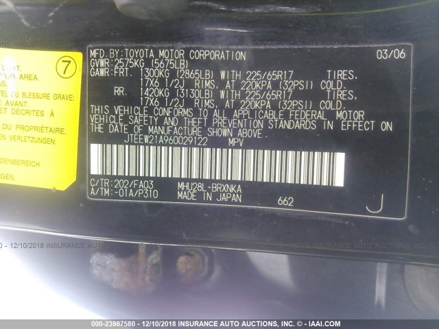 JTEEW21A960029122 - 2006 TOYOTA HIGHLANDER HYBRID BLACK photo 9