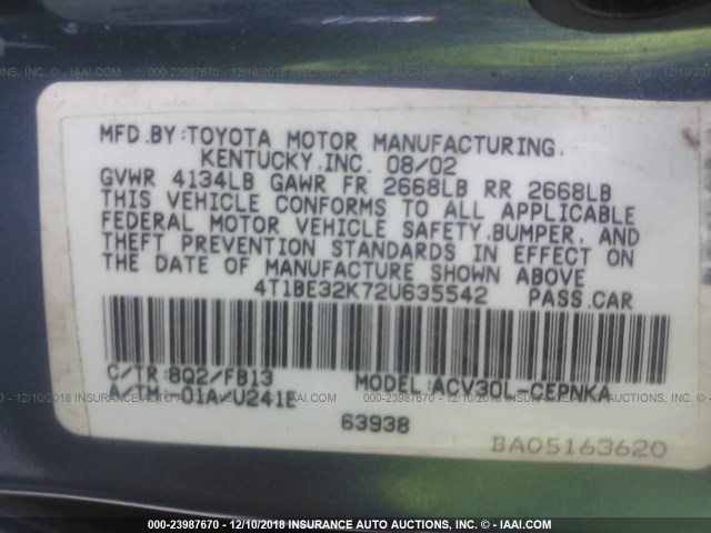 4T1BE32K72U635542 - 2002 TOYOTA CAMRY LE/XLE/SE Light Blue photo 9