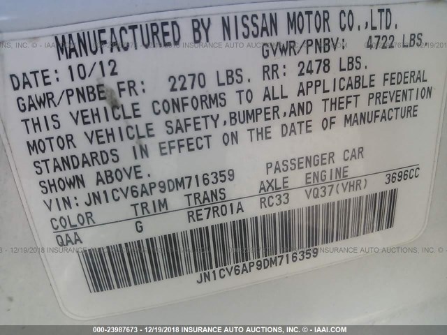 JN1CV6AP9DM716359 - 2013 INFINITI G37 WHITE photo 9