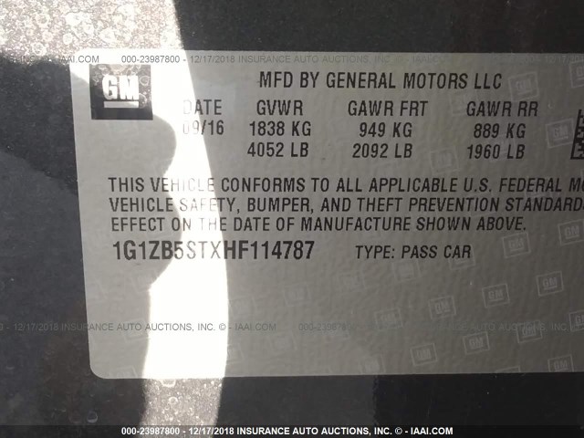 1G1ZB5STXHF114787 - 2017 CHEVROLET MALIBU LS GRAY photo 9