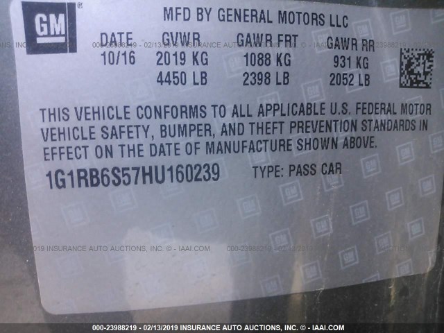 1G1RB6S57HU160239 - 2017 CHEVROLET VOLT PREMIER GRAY photo 9