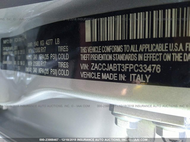 ZACCJABT3FPC33476 - 2015 JEEP RENEGADE LATITUDE GRAY photo 9