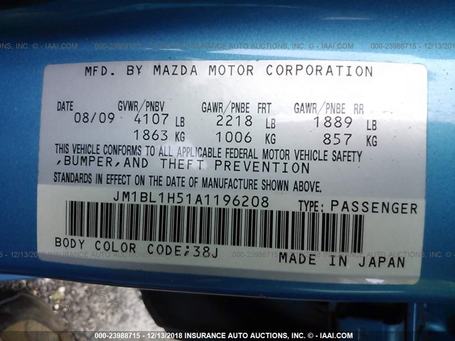 JM1BL1H51A1196208 - 2010 MAZDA 3 S BLUE photo 9