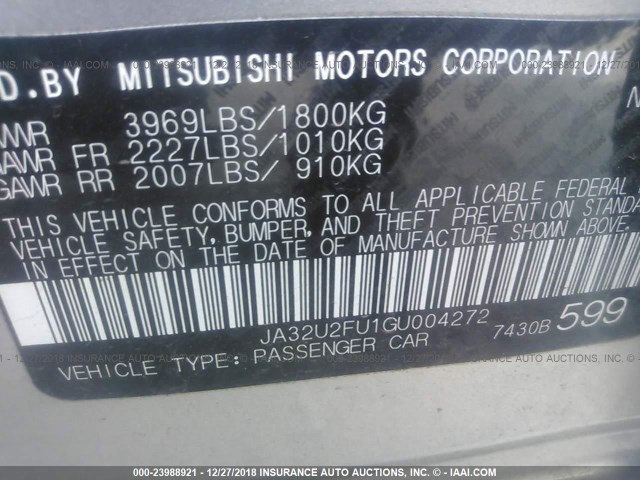 JA32U2FU1GU004272 - 2016 MITSUBISHI LANCER ES GRAY photo 9