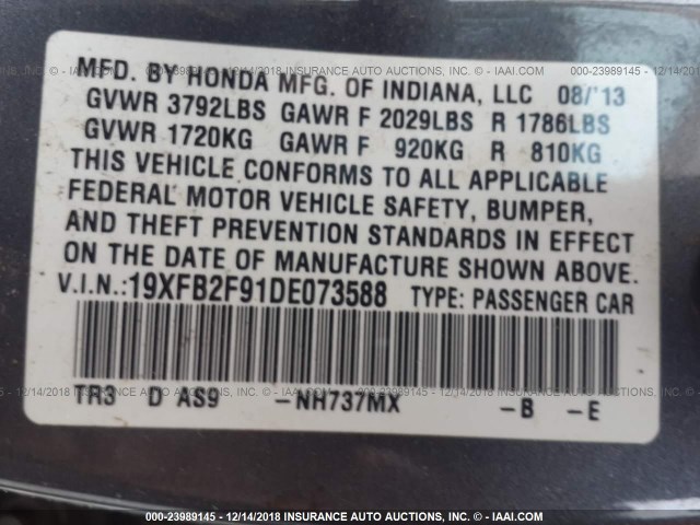 19XFB2F91DE073588 - 2013 HONDA CIVIC EXL GRAY photo 9