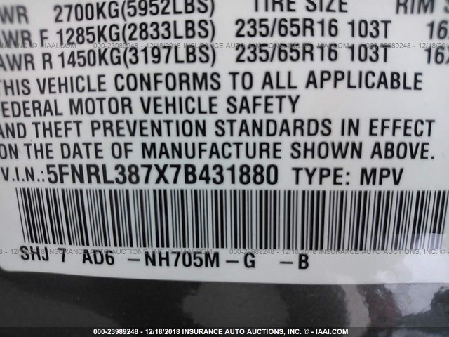 5FNRL387X7B431880 - 2007 HONDA ODYSSEY EXL GRAY photo 9