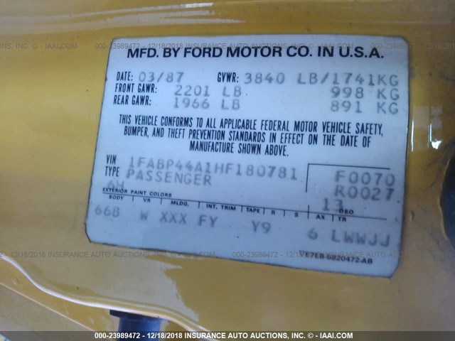 1FABP44A1HF180781 - 1987 FORD MUSTANG LX YELLOW photo 9