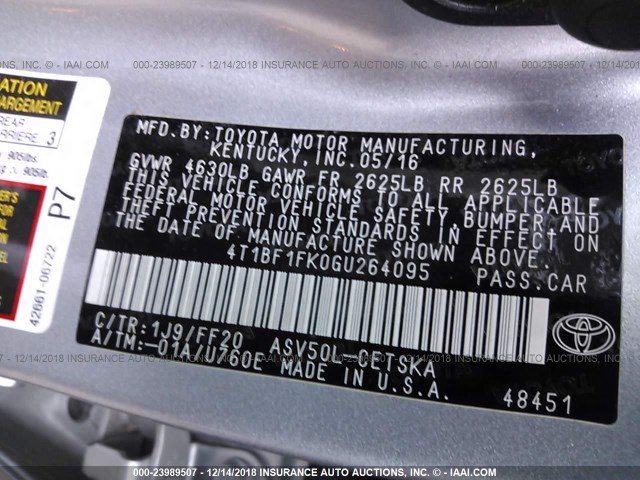 4T1BF1FK0GU264095 - 2016 TOYOTA CAMRY LE/XLE/SE/XSE SILVER photo 9
