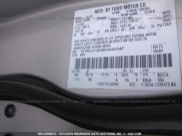 1FMEU73E68UA43347 - 2008 FORD EXPLORER XLT SILVER photo 9