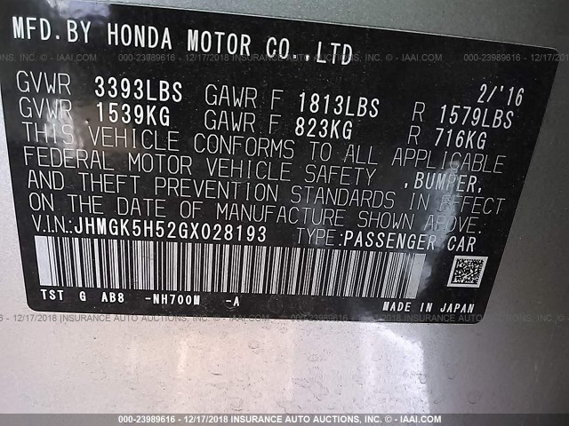 JHMGK5H52GX028193 - 2016 HONDA FIT LX SILVER photo 9