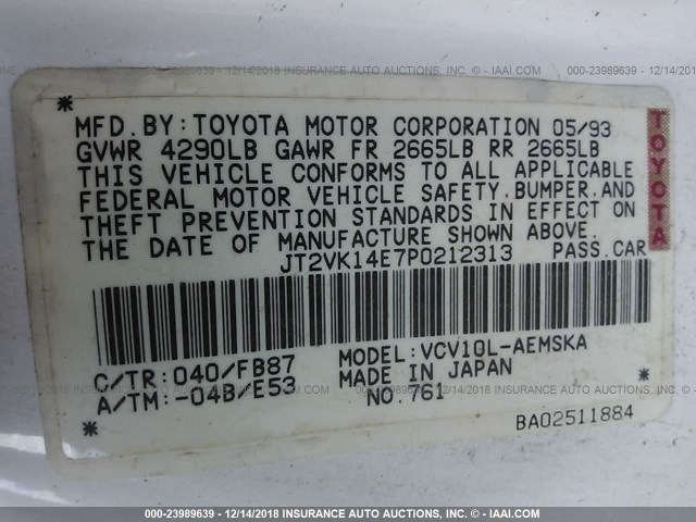 JT2VK14E7P0212313 - 1993 TOYOTA CAMRY SE WHITE photo 9