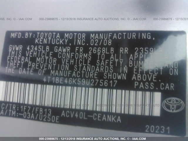 4T1BE46K59U275617 - 2009 TOYOTA CAMRY SE/LE/XLE SILVER photo 9