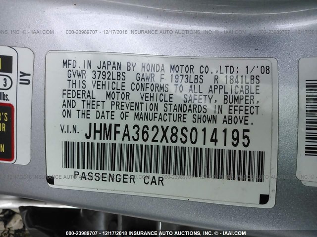 JHMFA362X8S014195 - 2008 HONDA CIVIC HYBRID SILVER photo 9