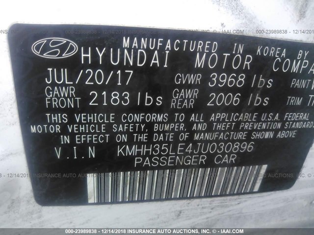 KMHH35LE4JU030896 - 2018 HYUNDAI ELANTRA GT WHITE photo 9