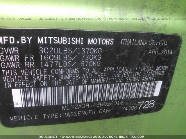 ML32A3HJ4EH026018 - 2014 MITSUBISHI MIRAGE DE GREEN photo 9