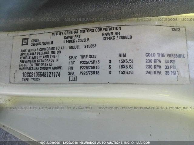 1GCCS196648121174 - 2004 CHEVROLET COLORADO WHITE photo 9